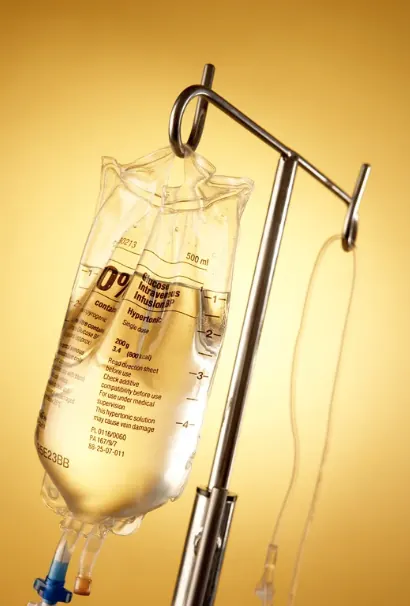IV infusion bag hanging on a stand