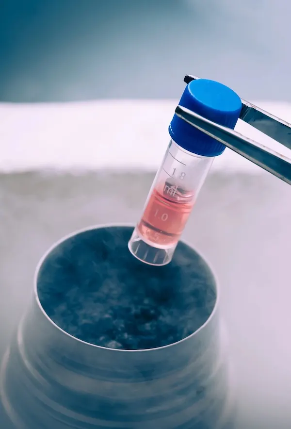 Cryogenic vial being lifted from liquid nitrogen storage