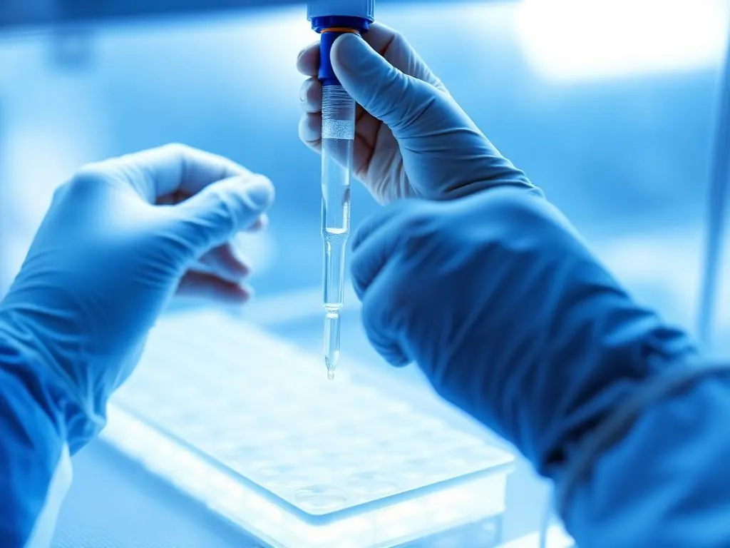 Gloved hands pipetting into cell culture plates inside a laminar flow hood