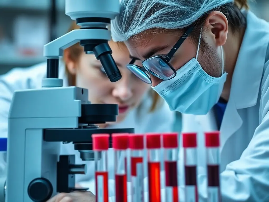 Laboratory scientist reviewing a cell culture under a microscope beside blood sample tubes