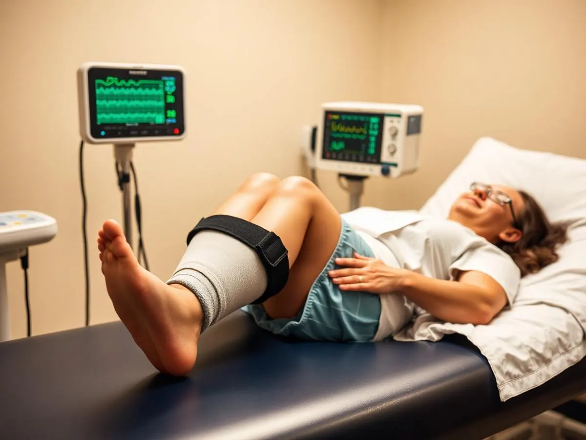 Patient with pneumatic leg cuffs during an EECP session