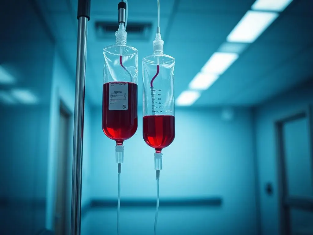 Deep red-violet intravenous infusion bags hanging on a stand in a clinical corridor