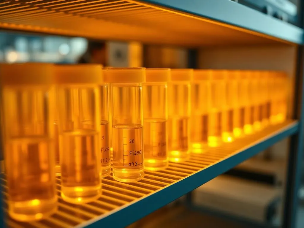 Row of cell culture flasks with amber medium on a laboratory incubator shelf